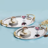 Porsima Elit Premium 2'li Paslanmaz Çelik Kahve Tepsisi Gümüş Tepsi Gold Detaylı Dekoratif Servis Sunum Tepsisi - 1