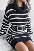 Kadın Uzun Kollu Degaje Yaka çizgili Sonya Iplik Mini Boy Triko Elbise (kemersiz) - 2