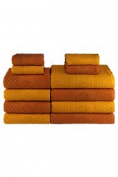 Textile Colors Raket Desenli Pamuk Banyo Havlu Seti 12 Adet, 4 Banyo havlusu, 4 El Havlusu, ve 4 Yüz Havlusu, -Style- Açık Kırmızı, Turuncu - 2