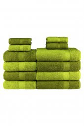Textile Colors Bordür Desenli 100 Pamuk Banyo Havlu Seti 12 Adet, 4 Banyo Havlusu, 4 El Havlusu, ve 4 Yüz Havlusu, -Vision- Açık Yeşil, Yeşil - 2