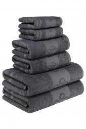 Kedi Desenli 100 Pamuk Banyo Havlu Seti 6 Adet, 2 Banyo Havlusu, 2 El Havlusu, ve 2 Yüz Havlusu, -Comfort- Coolgri11, - 1