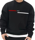 Oversize Paris Şerit Baskılı Pamuklu Kapşonsuz Bisiklet Yaka Unisex Sweatshirt - 1