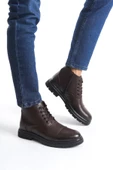 Erkek Hakiki Deri Bağcıklı Kısa Düz Bot Fermuarlı Tırtık Taban Erkek Kışlık Bot thumbnail 1