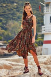 Bohem Tarz Kayık Yaka Asimetrik Elbise thumbnail 3