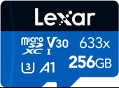 633 x 256 GB Micro SD kart, microSDXC UHS-I kartı + SD adaptörü, 100 MB/sn'ye kadar okuma, hafıza kartı Micro SD A1, C10, U3, V30, cep telefonu/tablet/güvenlik kamerası için (LMS0633256G-BNAAA) - 1