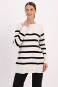 Ekru-Siyah-Basic Çizgili Bisiklet Yaka Tunik thumbnail 1