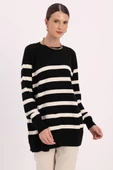 Siyah-Ekru-Basic Çizgili Bisiklet Yaka Kazak - 1