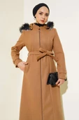 Kapüşonu Kürklü Fermuarlı Uzun Kaşe Kaban Latte thumbnail 2