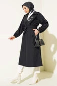 Yakası Taşlı Kuşaklı Trençkot Siyah - 1