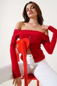 Düğme Aksesuarlı Sandy Bluz Kırmızı thumbnail 2