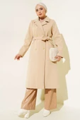 Gold Düğmeli Kuşaklı Kaşe Kaban Camel thumbnail 1