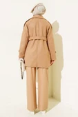 Omuz Apoletli Kuşaklı Kısa Kaşe Kaban Camel - 3