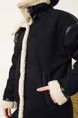 İçi Kürklü Deri Detaylı Süet Kaban Siyah thumbnail 4