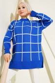 Kare Çizgili Triko Tunik Saks - 1