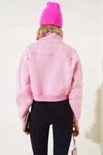 Yarım Fermuarlı Şardonlu Kısa Sweatshirt Pembe thumbnail 3