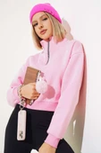 Yarım Fermuarlı Şardonlu Kısa Sweatshirt Pembe thumbnail 2