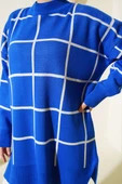 Kare Çizgili Triko Tunik Saks - 4