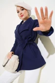 Kuşaklı Kısa Kaşe Kaban Lacivert thumbnail 1