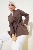 Kuşaklı Kısa Kaşe Kaban Kahve thumbnail 1