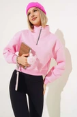 Yarım Fermuarlı Şardonlu Kısa Sweatshirt Pembe thumbnail 1