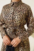 Boydan Düğmeli Leopar Desen Elbise Camel - 4