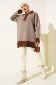 Fermuarlı Zikzak Desen Triko Tunik Kahve - 2