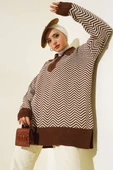 Fermuarlı Zikzak Desen Triko Tunik Kahve - 1