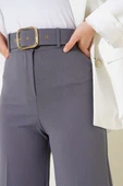 Kemerli Yüksek Bel Bol Paça Gri Pantolon - 4