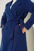 Kruvaze Yaka Kuşaklı Düğmeli Trençkot Lacivert thumbnail 4