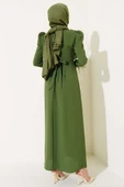 Kol Ucu Tüylü Kemerli Elbise Haki thumbnail 3