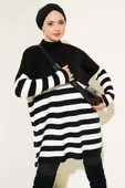 Yarım Boğazlı Çizgili Salaş Triko Tunik Siyah thumbnail 1