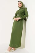 Kol Ucu Tüylü Kemerli Elbise Haki thumbnail 1