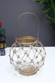 Antik Gold Metal Çiçekli Mumluk Cam Hazneli Saplı Yuvarlak 22cm - 2