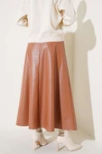 Bel Lastikli Kloş Deri Etek Taba thumbnail 3