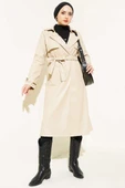 Pelerin Detaylı Kuşaklı Deri Trençkot Bej thumbnail 1