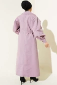 Kuşaklı Balon Kol Uzun Trençkot Lila thumbnail 3