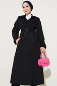 Astarlı Kuşaklı Uzun Trençkot Siyah thumbnail 1