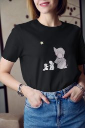 Fil ve Tavşan Renkli Boyama Baskılı Tişört Kadın Hediye Doğum Günü Hediyesi thumbnail 3