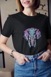 Renkli Fil Boyama Baskılı Tişört Kadın Hediye Doğum Günü Hediyesi T-shirt - 3