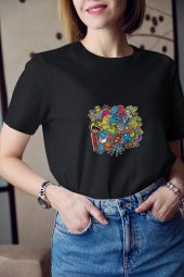 Renkli Karikatür Çizimi Baskılı Tişört Kadın Hediye Doğum Günü Hediyesi T-shirt - 3