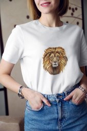 Renkli Aslan Yeleli Baskılı Tişört Kadın Hediye Doğum Günü Hediyesi T-shirt - 1