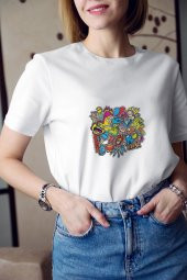 Renkli Karikatür Çizimi Baskılı Tişört Kadın Hediye Doğum Günü Hediyesi T-shirt - 1