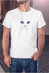 Kedi Mavi Gözlü Baskılı Tişört Erkek Hediye Doğum Günü Hediyesi T-shirt - 1