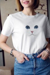 Kedi Mavi Gözlü Baskılı Tişört Kadın Hediye Doğum Günü Hediyesi T-shirt - 1
