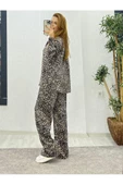 Pamuk Saten Oversize Pantolon Gömlek Takım, Leopar Takım, Kadın Leopar - 3