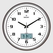 T-1971-FG DUVAR SAATİ KAHVE-GRİ ÇİZGİ ÇERÇEVELİ 35.5CM TAKVİMLİ TERMOMETRELİ HİGROMETRELİ ANALOG VE DİJİTAL GÖSTERGELİ AMERİKAN BRİSTOL KADRAN AKAR SANİYELİ MEKANİZ METALİK AKREP/YELOKOVAN/SANİYE - 1