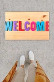 Dijital Baskı Dekoratif Welcome Ahşap Kapı Önü Paspası K-1247 - 1
