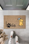 Dijital Baskı Kahverengi Patili Love Yazılı Maskeli Kedi Dekoratif Kapı Paspası K-2010 - 1