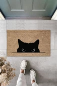 Dijital Kara Kedi Bej Kapı Paspası Dış Mekan Paspas K-3185 - 1