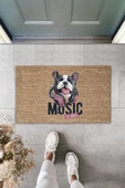 Dijital Baskı Kahverengi Music Yazılı Kulaklıklı Köpek Dekoratif Kapı Paspası K-2042 - 1